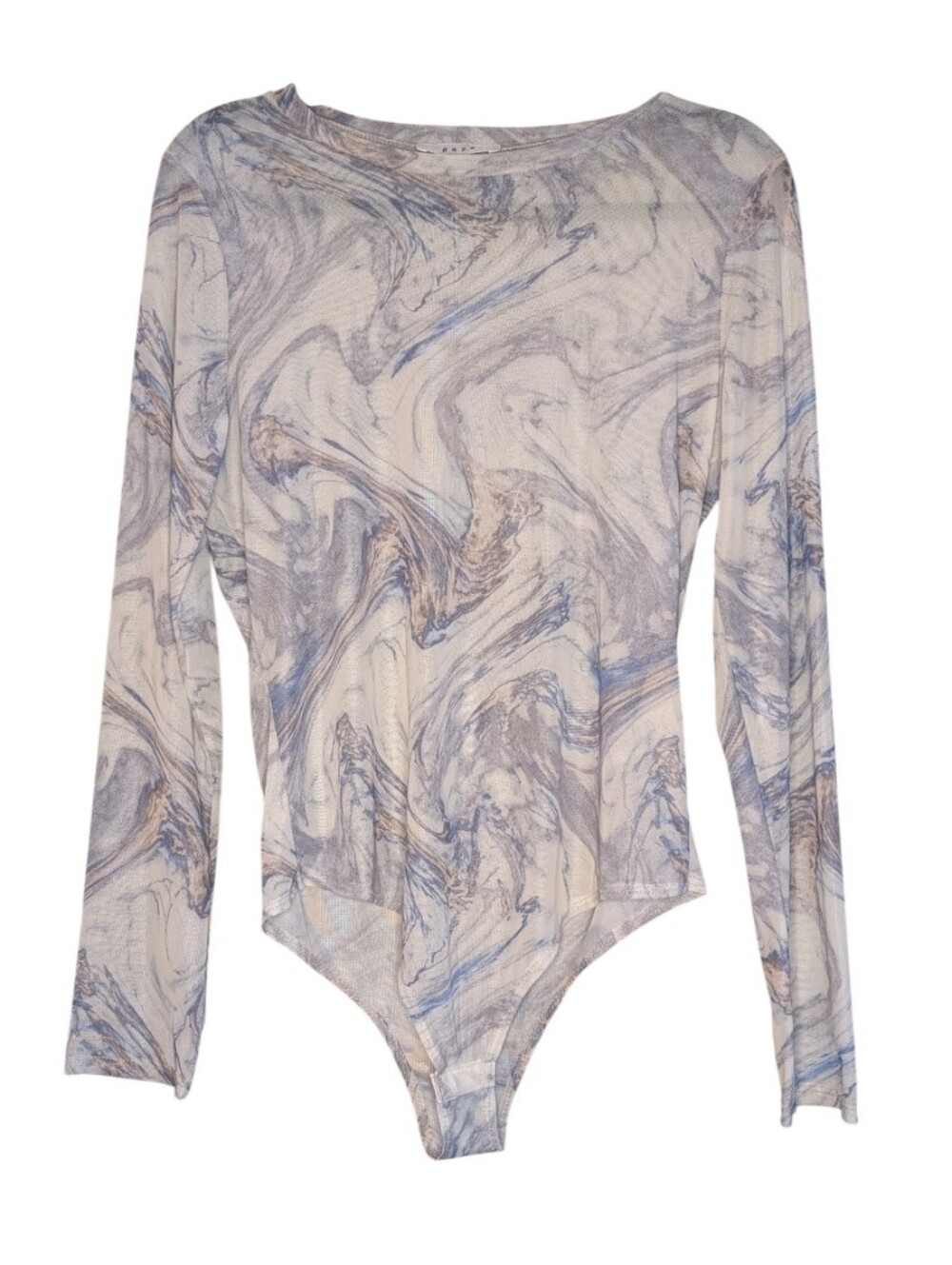 Gaze Sheer Mesh Marble Print Long Sleeve Bodysuit Blue White tan size Large